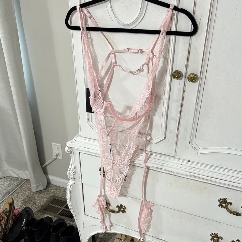 Fashion Nova Pink Satin Chemise with Lace Trim